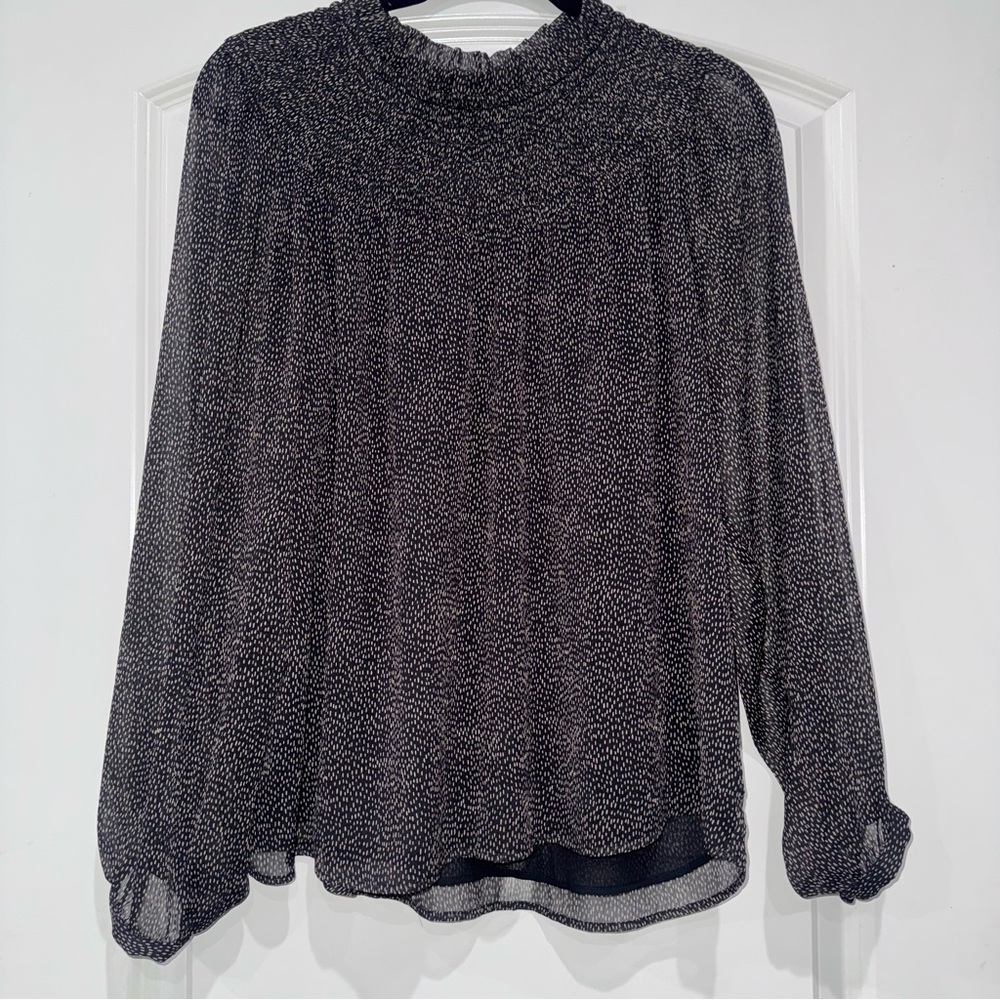 Loft Brown Dotted Smocked Yoke Long Sleeve Blouse Women Size Small Lightweight